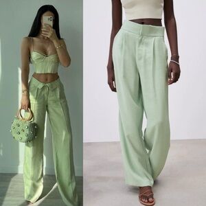 Zara Wide Leg Pleated Pistachio Green Trouser Pants